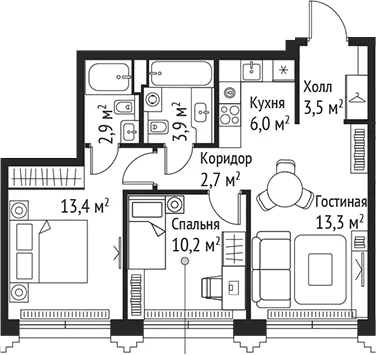 Планировка: Евротрёшка 55,9 м² в ЖК «СЕТ»