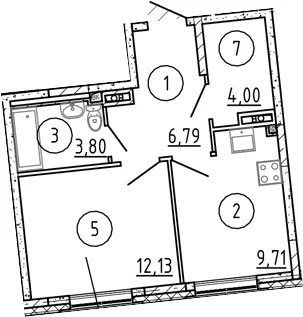 Планировка: 1-комнатная квартира 36,4 м² в ЖК «Квартал Лаголово»