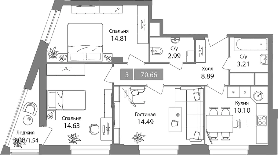 Планировка: 3-комнатная квартира 69,1 м² в ЖК «Планерный квартал»