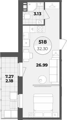 Планировка: Студия 30,1 м² в ЖК «Апарт-отель Лиговский 127»