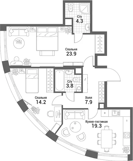 Планировка: Евротрёшка 73,4 м² в ЖК «Нагатино Ай-Лэнд»