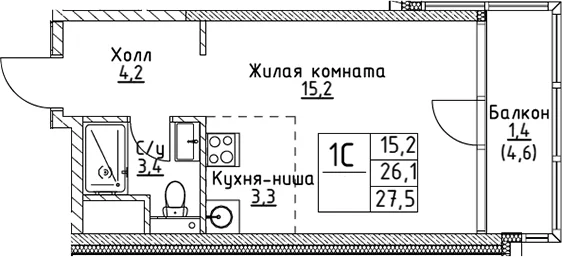 Планировка: Студия 26,1 м² в ЖК «ВЭРИ на Миклухо-Маклая»