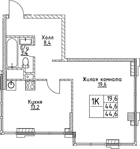 Планировка: 1-комнатная квартира 44,6 м² в ЖК «ВЭРИ на Миклухо-Маклая»