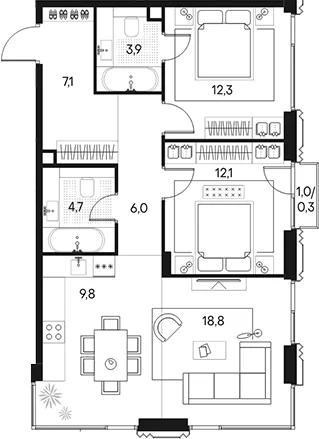 Планировка: Евротрёшка 74,7 м² в ЖК «Клубный город на реке Примавера»