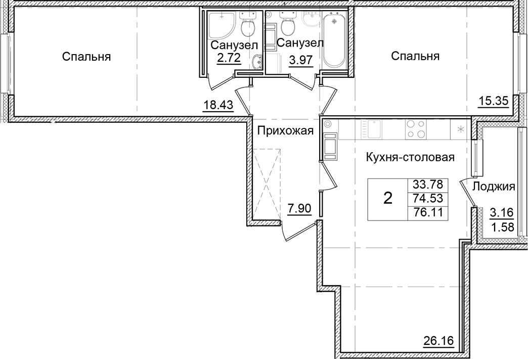 Планировка: 2-комнатная квартира 74,5 м² в ЖК «Квартал Заречье»