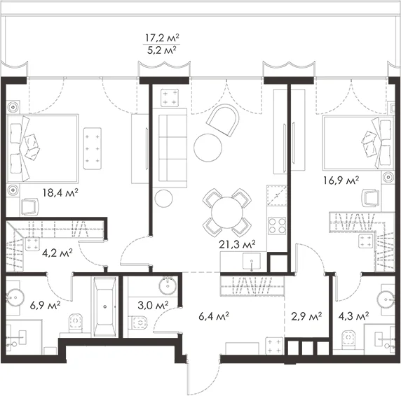Планировка: Евротрёшка 84,3 м² в ЖК «КИНГ&САНС»