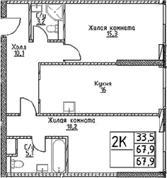 Планировка: 2-комнатная квартира 67,9 м² в ЖК «Наметкин Тауэр»
