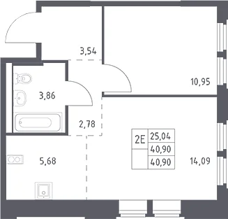 Планировка: Евродвушка 40,9 м² в ЖК «Космический Квартал»