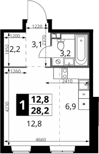 Планировка: Студия 28,2 м² в ЖК «1-й Южный»
