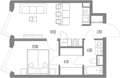 Планировка: 1-комнатная квартира 41,6 м² в ЖК «Северный Порт»