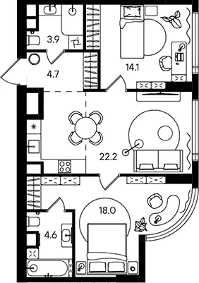 Планировка: Евротрёшка 67,5 м² в ЖК «СТОУН Блик»