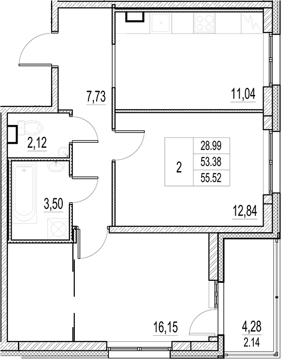 Планировка: 2-комнатная квартира 53,4 м² в ЖК «Город-спутник Южный»