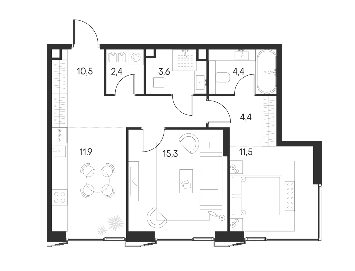 Планировка: 2-комнатная квартира 64 м² в ЖК «Клубный город на реке Примавера»