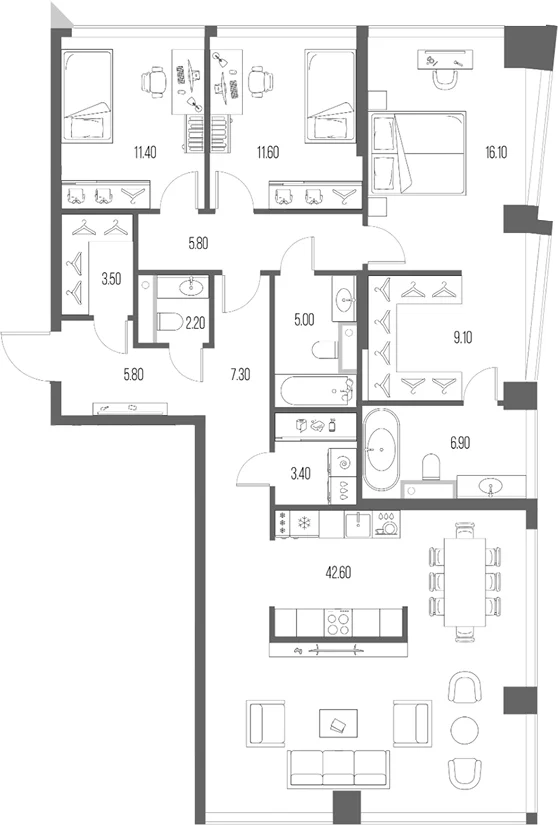Планировка: 3-комнатная квартира 130,7 м² в ЖК «Северный Порт»