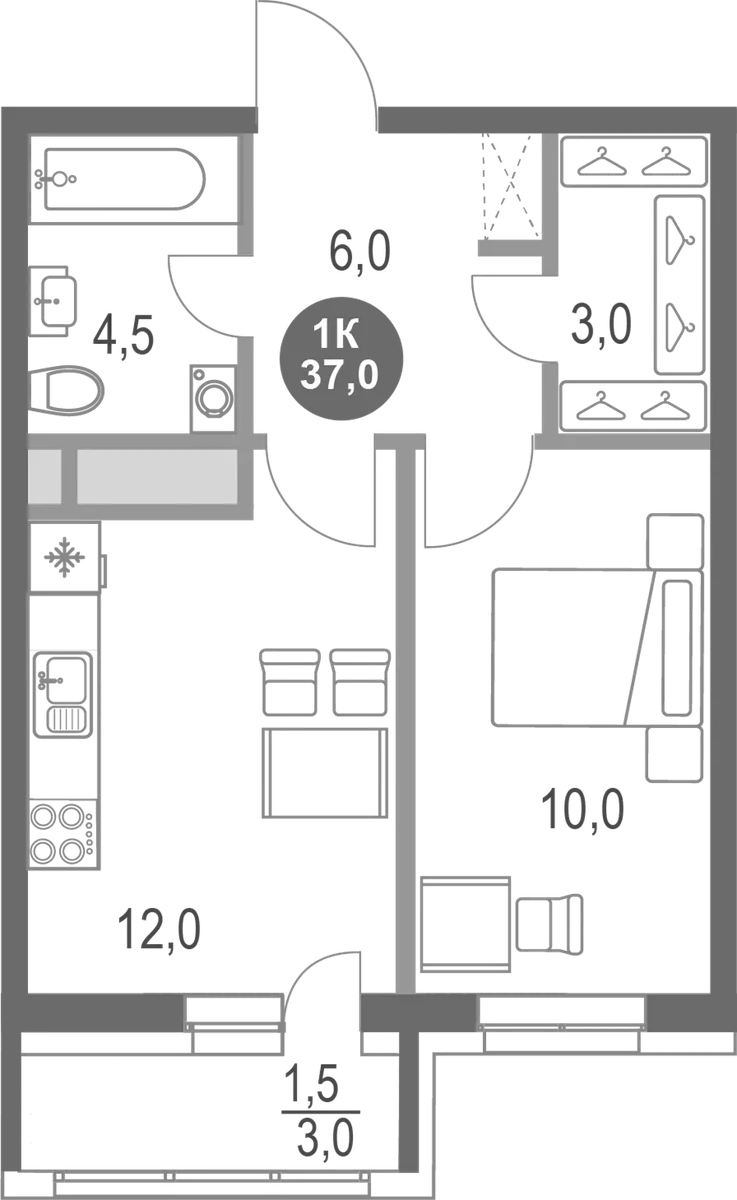 Планировка: 1-комнатная квартира 35,5 м² в ЖК «Котельники парк»