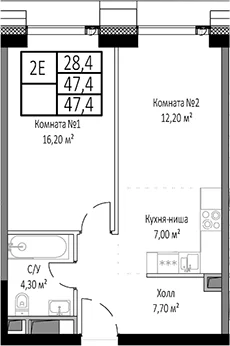 Планировка: Евродвушка 47,4 м² в ЖК «Мираполис»