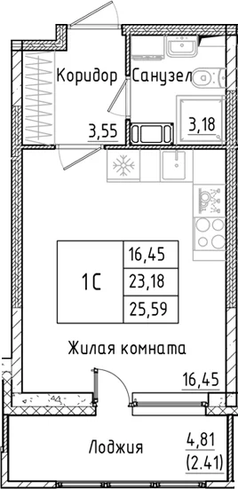 Планировка: Студия 23,2 м² в ЖК «Аквилон РекаПарк»