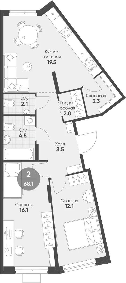 Планировка: Евротрёшка 68,1 м² в ЖК «Ягодное Река Парк»