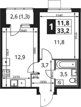 Планировка: 1-комнатная квартира 32,5 м² в ЖК «1-й Ясеневский»