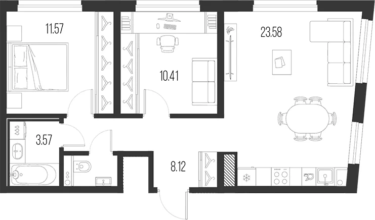 Планировка: Евротрёшка 59,1 м² в ЖК «Новая земля»