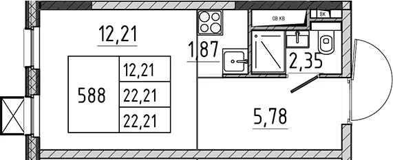 Планировка: Студия 22,2 м² в ЖК «Поварово-Молодежный-2»