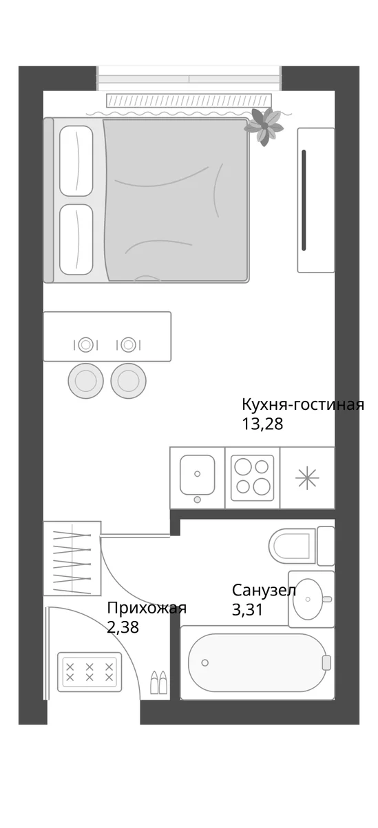 Планировка: Студия 19 м² в ЖК «Апарт-комплекс Первый Зеленый»