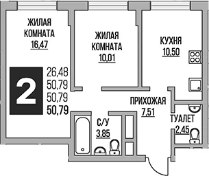 Планировка: 2-комнатная квартира 50,8 м² в ЖК «Гранель Живописный»