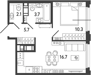 Планировка: Евродвушка 38,5 м² в ЖК «Гений»