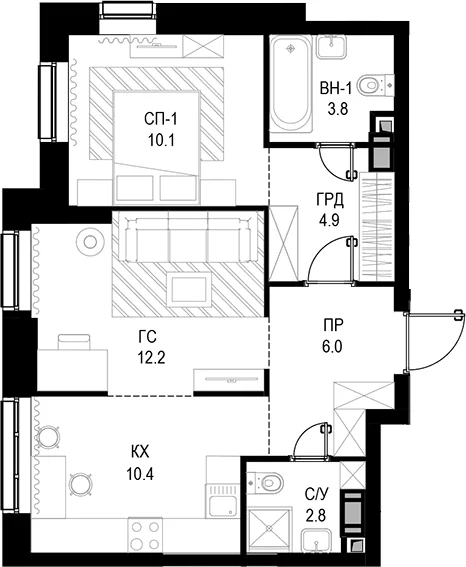 Планировка: 2-комнатная квартира 50,2 м² в ЖК Трилогия «Кристалл»