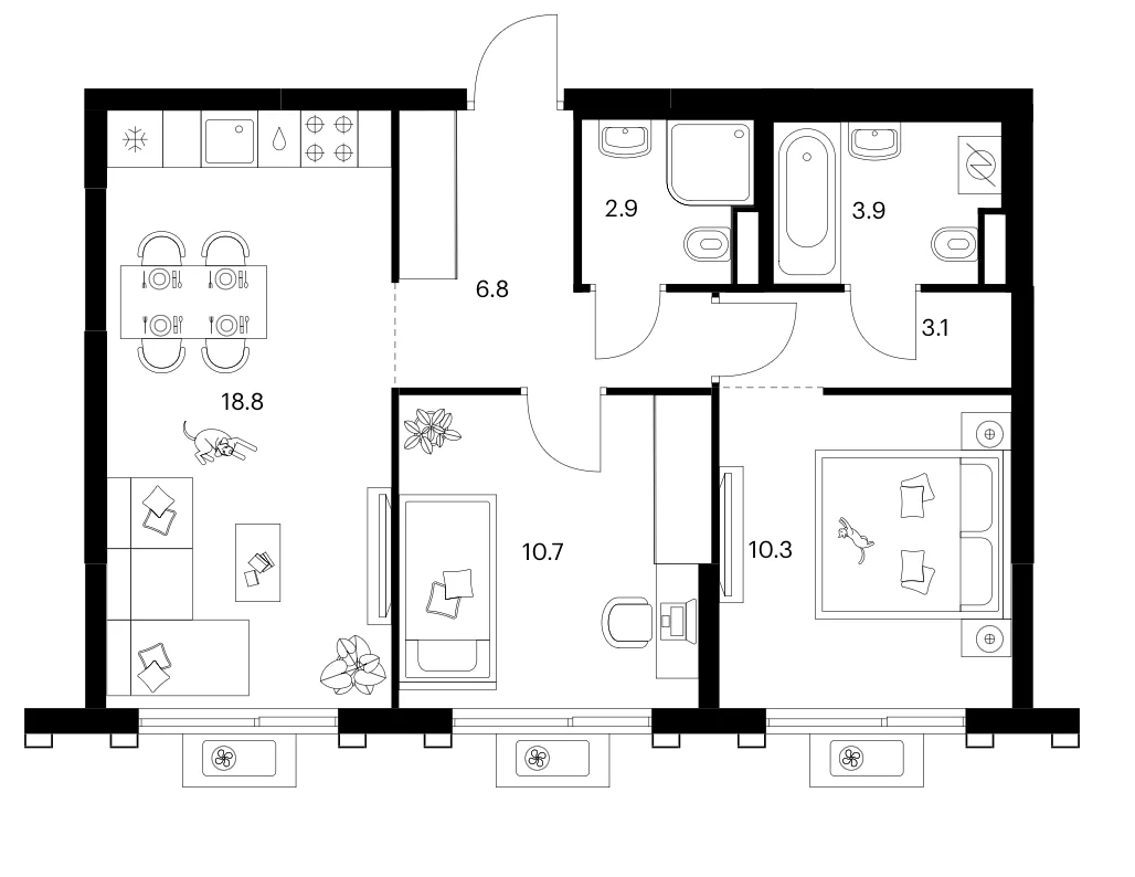 Планировка: 2-комнатная квартира 56,5 м² в ЖК «Белая Дача парк»
