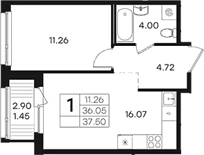 Планировка: Евродвушка 36,1 м² в ЖК «Парголово»