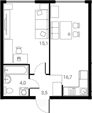 Планировка: 1-комнатная квартира 39,3 м² в ЖК «Лесная Коллекция»
