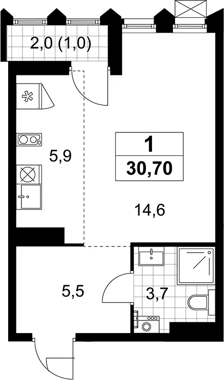 Планировка: Студия 29,7 м² в ЖК «Деснаречье»