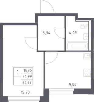 Планировка: 1-комнатная квартира 35 м² в ЖК «Прибрежный Парк»
