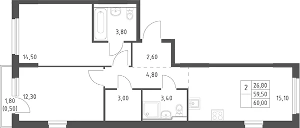 Планировка: Евротрёшка 59,5 м² в ЖК «Химки Парк»