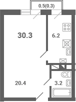 Планировка: 1-комнатная квартира 29,8 м² в ЖК «Южная Долина»