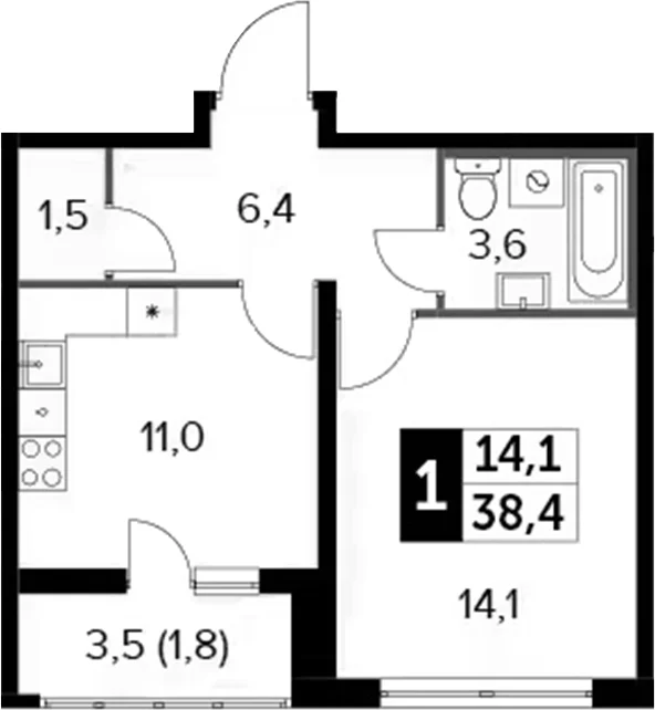 Планировка: 1-комнатная квартира 36,6 м² в ЖК «Южная Битца»