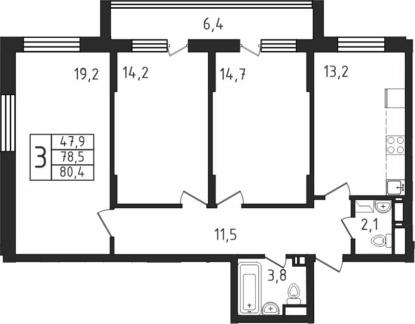 Планировка: 3-комнатная квартира 78,5 м² в ЖК «Пироговская ривьера»