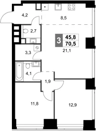 Планировка: Евротрёшка 70,5 м² в ЖК «Амбер Сити»