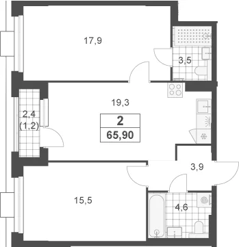 Планировка: Евротрёшка 64,7 м² в ЖК «Южные сады»