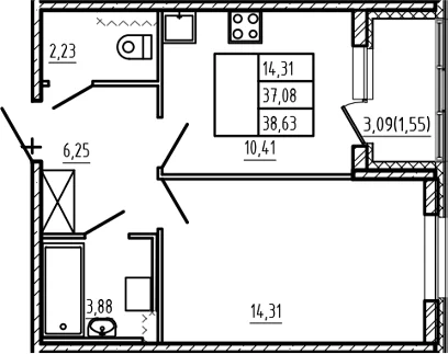 Планировка: 1-комнатная квартира 37,1 м² в ЖК «Новая история»