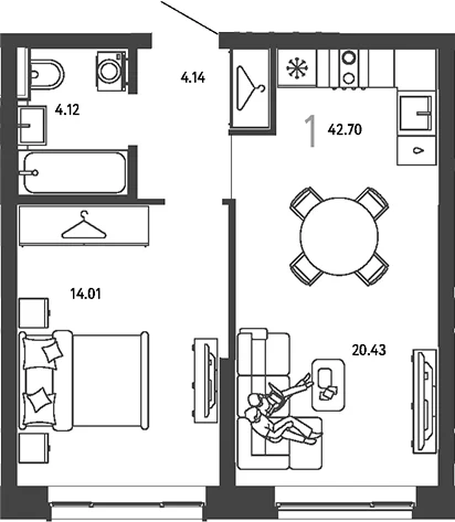 Планировка: 1-комнатная квартира 42,7 м² в ЖК «Страна.Парковая»