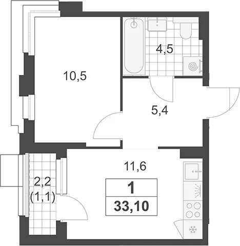 Планировка: 1-комнатная квартира 32 м² в ЖК «Южные сады»