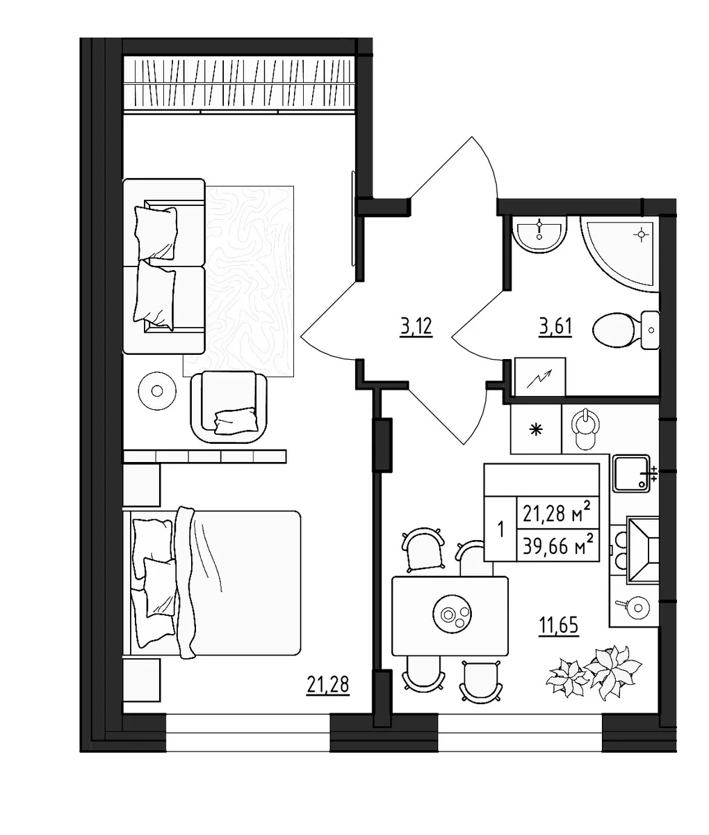 Планировка: 1-комнатная квартира 39,7 м² в ЖК «ВЕРЕВО-СИТИ»