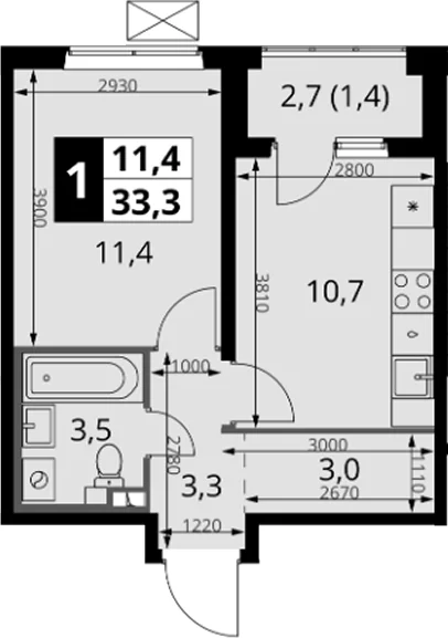 Планировка: 1-комнатная квартира 31,9 м² в ЖК «1-й Южный»