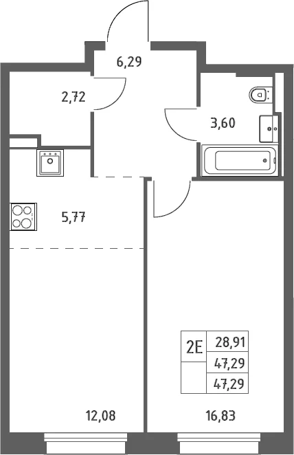 Планировка: Евродвушка 47,3 м² в ЖК «Заречье Парк»