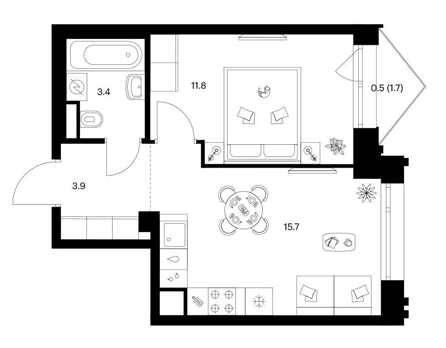 Планировка: 1-комнатная квартира 34,8 м² в ЖК «Лосиноостровский парк»