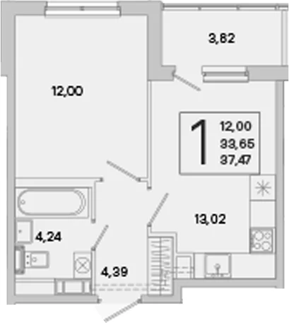 Планировка: 1-комнатная квартира 33,7 м² в ЖК «ЮгТаун. Олимпийские кварталы»