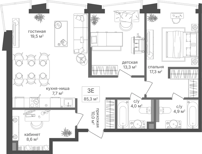 Планировка: Евротрёшка 85,3 м² в ЖК «Петровский Парк II»