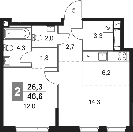 Планировка: Евродвушка 46,6 м² в ЖК «Сидней Сити»